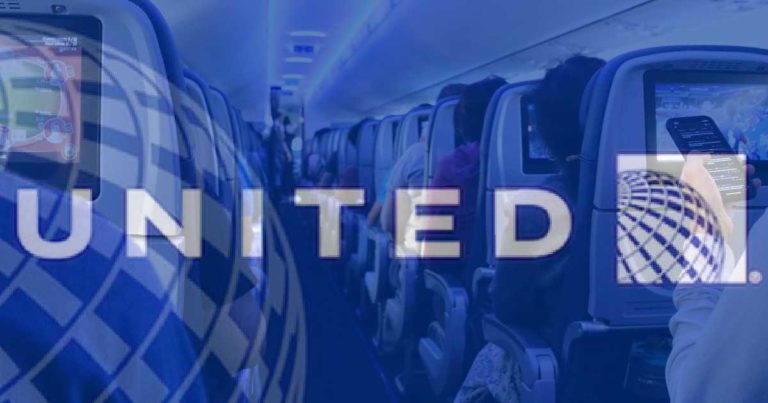 United Airlines logo superimposed over a stock photo of the inside of an airplane passenger cabin
