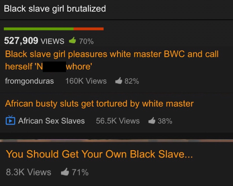 Screenshot of evidence of racist "slavery role play" videos on Pornhub