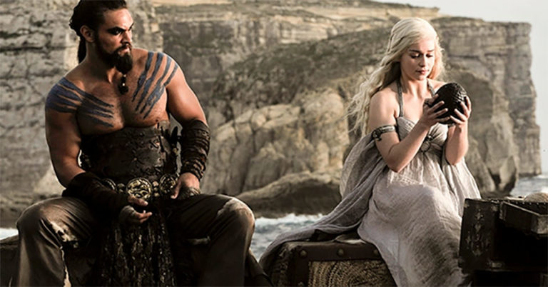 Emilia Clarke and Jason Momoa in Game of Thrones