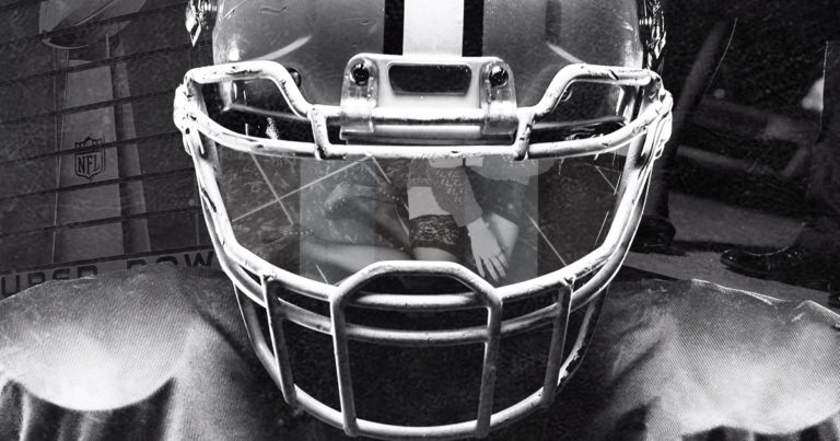 Image showing sex trafficking victim reflected in the visor of a football helmet with Super Bowl content in the background