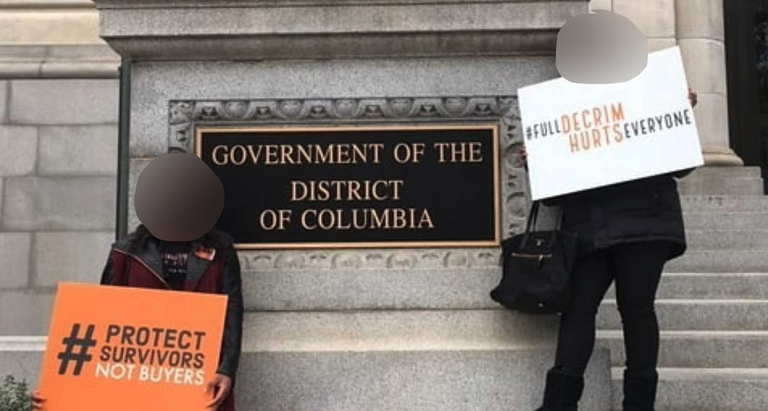 Opponents of a bill in the DC City Council that would fully decriminalize prostitution in Washington DC (Bill 23-0318 a.k.a. The Community Safety and Health Act of 2019) stand outside of a public hearing on October 17