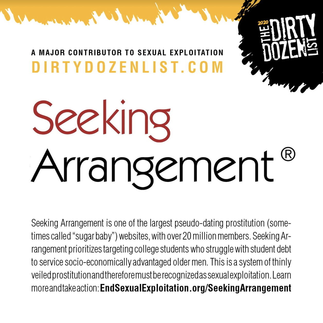 Dirty Dozen graphic for Seeking Arrangement (National Center on Sexual Exploitation)