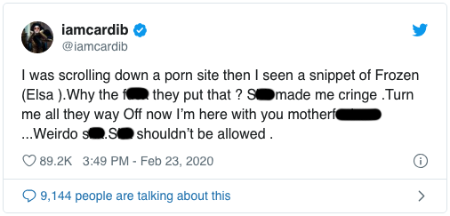 Screenshot of tweet from Cardi B about pornography from February 23, 2020