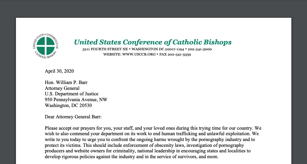 Screenshot of letter from United States Conference of Catholic Bishops to the U.S. Attorney General and Department of Justice regarding the prosecution of illegal obscenity (a.k.a. hardcore pornography)
