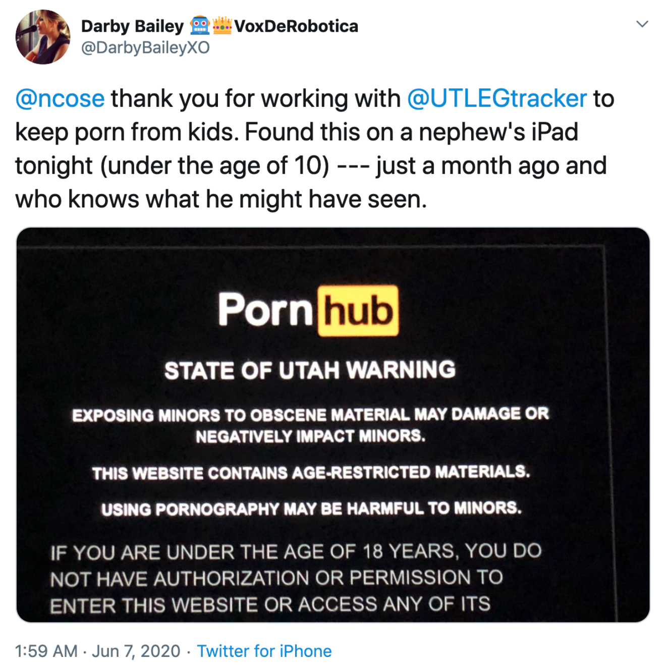 Tweet about warning label for online porn in Utah from @DarbyBaileyXO