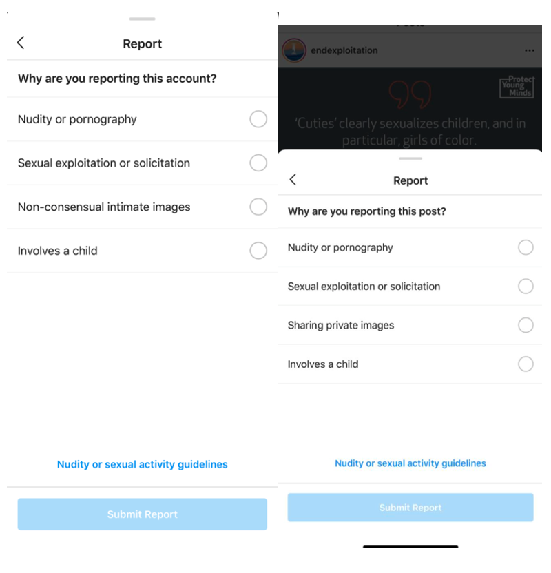 Screen shot of Instagram's improved reporting functions for users