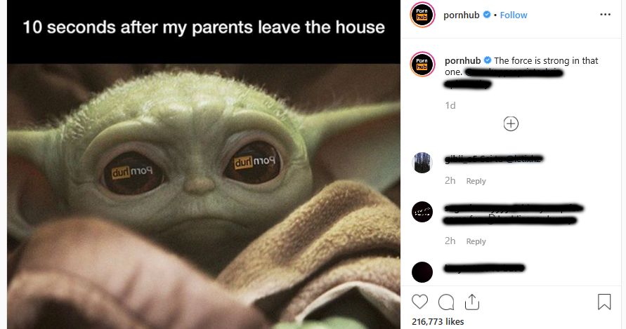 Screenshot of Pornhub's Instagram reshare of the Baby Yoda meme